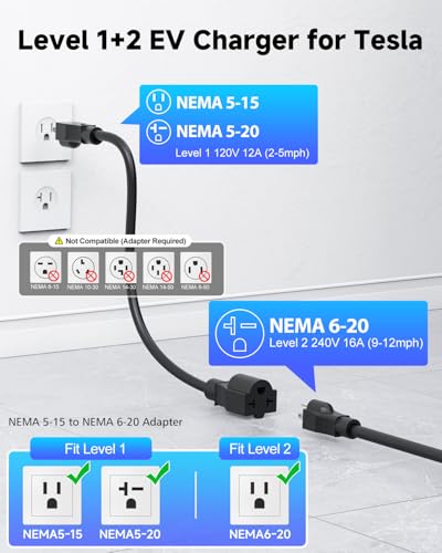 Level 1/2 Tesla Charger, 12A/16A, 25ft Extension Cable, Dual Voltage 240V NEMA 6-20 Plug & 120V NEMA 5-15 Adapter, NACS Connector, Portable Home Electric Car EV Charger for Tesla Models Y/X/3/S