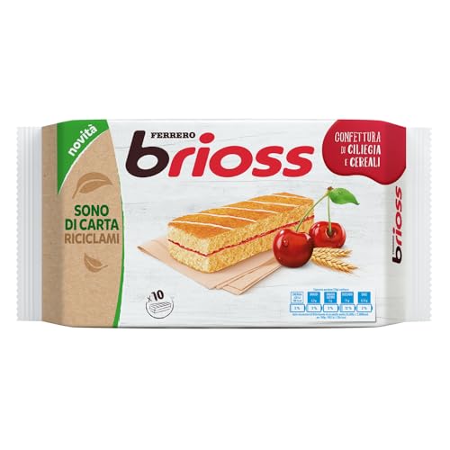 Ferrero Brioss Ciliegia - 10 Merendine di Pan di Spagna ai Cereali con Confettura alla Ciliegia, Ottime a Colazione e Merenda, Confezione da 280 Grammi