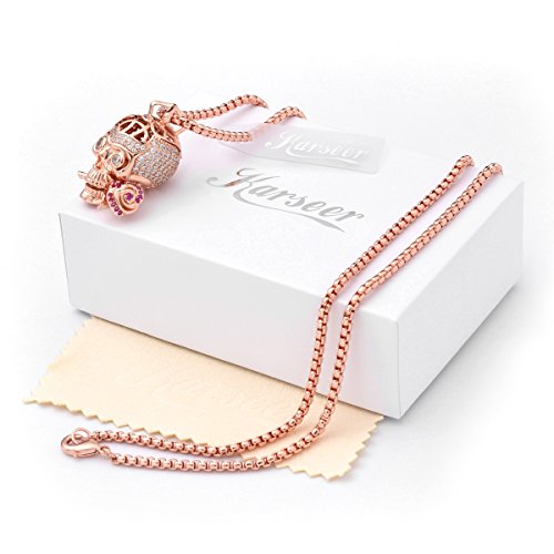 Karseer Shiny Filigree Sugar Skull And Everlasting Rose Charm Pendant Necklace With Crystal Brain Hidden Floating Inside, 24" Box Chain Matching Costume, Rose Gold Tone Jewelry Gift For Men And Women #TOP5