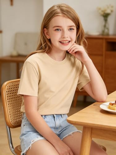 Image of HOTIAN Girls T Shirts 100% Cotton Short Sleeve Tops Kids Summer Casual Crewneck Basic Tees 3-14 Years