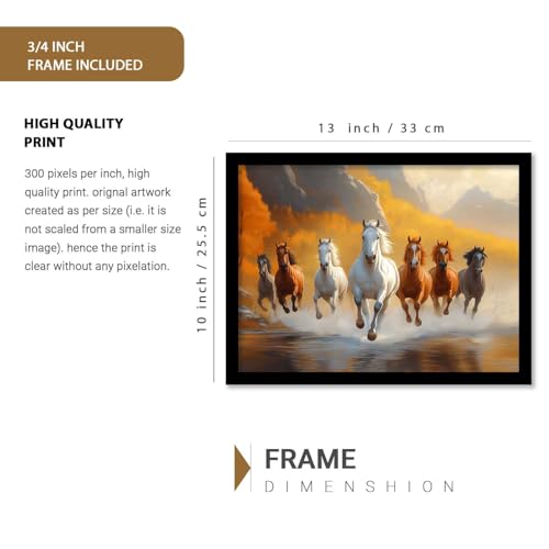Image of HOTHOUSE Seven Running Vastu Lucky Horse and Rising Sun Painting | 7 Horses Vastu Frame Wall Art Painting for Living Room Bedroom Office Home Decor Wall Decor Size (10X13 inch)