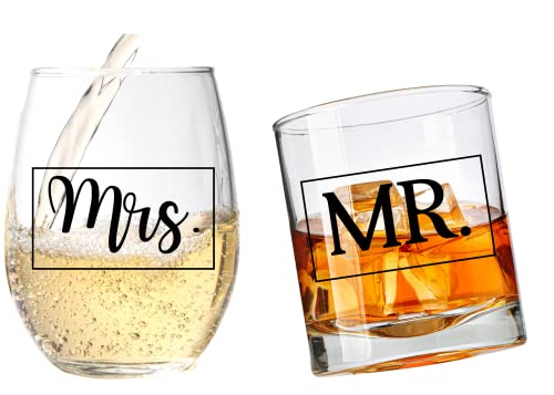 Cool Af Mr And Mrs Whiskey And Wine Glass Gift Set - Wedding Gift Glass Set For Bride And Groom - Engagement Gift For Couples And Newlyweds - Husband And Wife #TOP6
