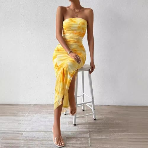 Image of Women's Mesh Floral Strapless Bodycon Maxi Dress Ruched Long Tube Dresses Summe Sexy Party Club Dress Y2K Dresses