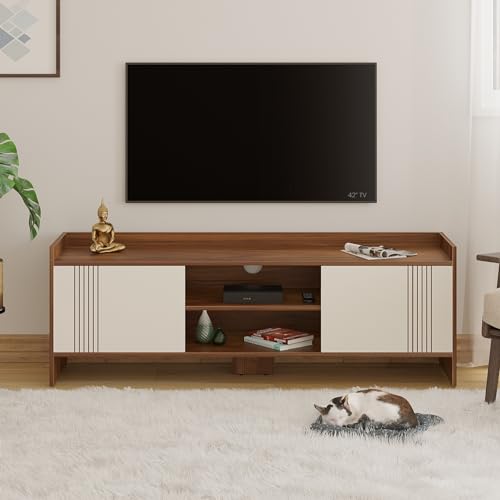 Image of BLUEWUD Charley Engineering Wood Floor Standing TV Entertainment Unit Set Top Box Stand /TV Cabinet Panel with Shelves for Books & Decor Display Unit Bed Living Room Upto 50 inch (Brown Maple & White)