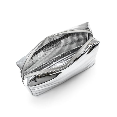 Stay Golden Metallic Silver Weekender Insulated Makeup Bag - Waterproof Vegan Leather Beauty Travel Skincare Bag - Heat-Resistant Zippered Designer Makeup Bag Shields Cosmetics from Melting, Freezing3