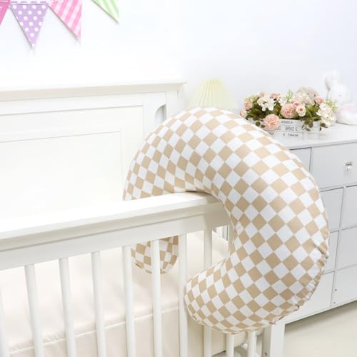 DILIMI Nursing Pillow Cover, Stretchy Removable Case for Breastfeeding Pillows, Ultra Soft Comfortable Slipcover for Baby Girl and Boy, Light Brown Checkerboard - Thumbnail 6