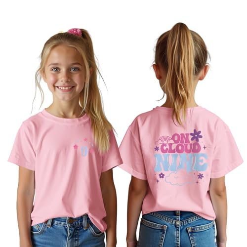 Image of 9th Birthday Shirt Girl On Cloud Nine Graphic Tee 9 Year Old Birthday Party T-Shirt Girl Summer Short Sleeve Top