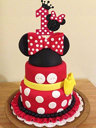 Glitter Min Mouse 1St Birthday Cake Topper Minne Themed First Birthday Cake Decorations Red Black Mouse Birthday Party Supplies 1St Birthday Decor #TOP5