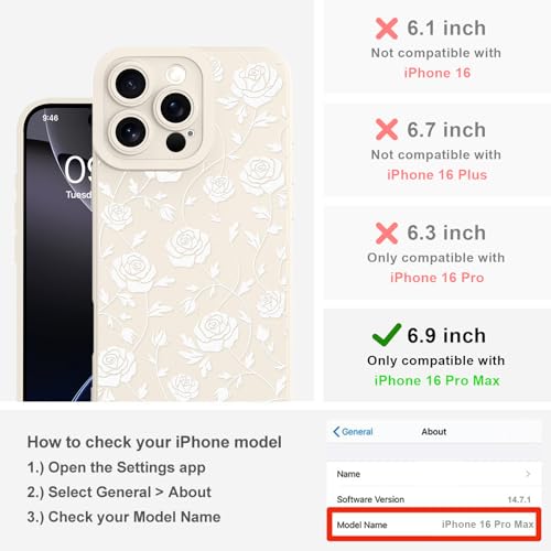 Image of Designed for iPhone 16 Pro Max Case, Cute Rose Flower Floral Pattern Design, Slim Soft TPU Liquid Silicone Protective Cover for Women Girls - White
