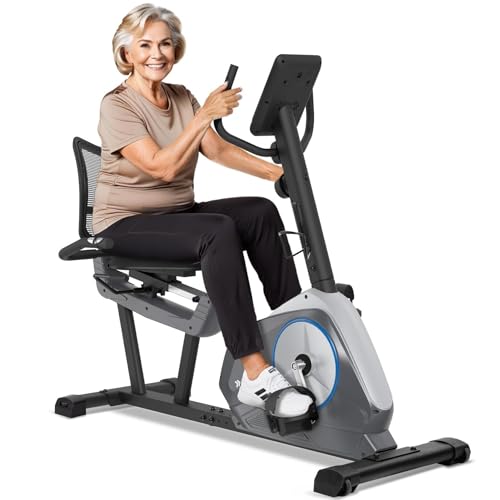 ALPHA CAMP Recumbent Exercise Bike 16-Level Resistance Magnetic Stationary Bike with Bottle Holder Adjustable Wide Cushioned Seat for Home,Heart Rate Handle,LCD Monitor,Bluetooth and App Connectivity