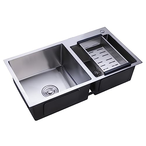 Donened Fregadero de Cocina de Acero Inoxidable, 78 x 43 x 21 cm, para Camping, Con Cesta de Goteo, Empotrable, 2 Cuencos