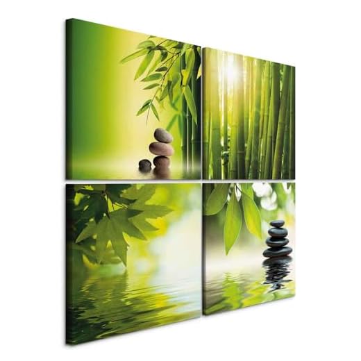 murando - Bilder Zen 80x80 cm Vlies Leinwandbild 4 Teilig Kunstdruck modern Wandbilder XXL Wanddekoration Design Wand Bild - Natur Wasser Bambus Steine grün 9060095