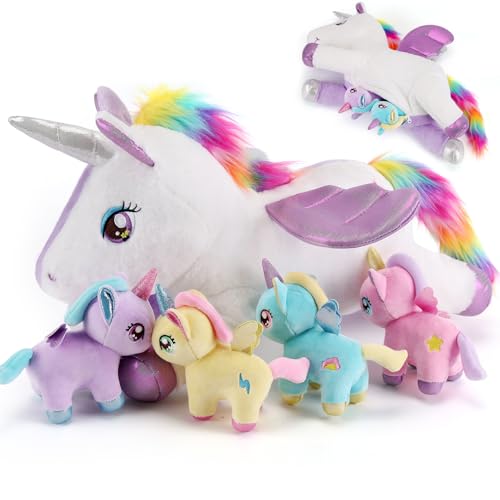 Image of 5 Pieces Unicorn Stuffed Animals - 1 Mommy Stuffed Unicorn with 4 Babies - Unicorns Gifts for Girls Ages 3 4 5 6 7 8, Unicorns Plush Toys for Christmas, Valentine's, Birthday Gifts (Purple)