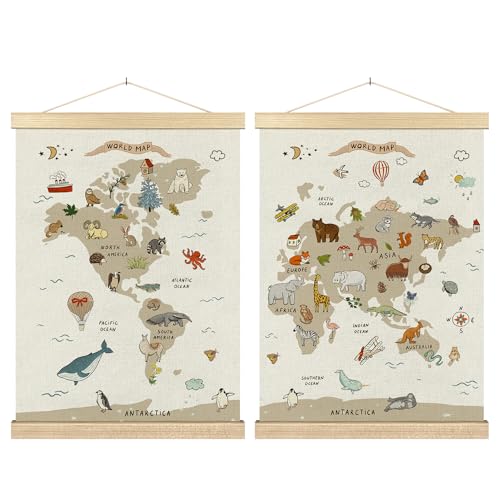 Image of BCUANGD Classroom Wall Decor - Toddlers Kids Wall Art Poster Hanger with Wood Frames Set of 2, Educational Maps Wall Hanging Canvas Decor for Playroom Nursery Toddler Kids Room, 12x16 Inches
