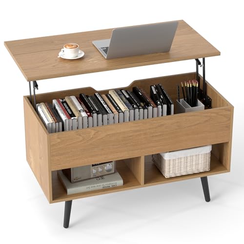 GIANTEX Mesa de Centro Elevable y Extensible, Mesa de Café de Madera con Espacio de Almacenamiento Oculto y 2 Estantes Abiertos, Mesa Auxiliar Rectangular para Salón, Oficina (Natural)