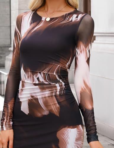 ZESICA Women's Long Sleeve Floral Maxi Dresses 2025 Fall Bodycon Crewneck Side Slit Ruched Fitted Party Long Dress4