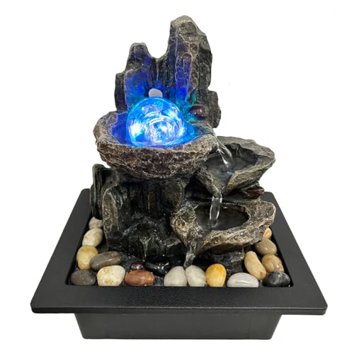 Indoor Tabletop Water Fountain Rotating Ball Rock Waterfall Fountain with Colorful Lights and Natural River Rocks, Zen Meditation for Home Office Decor (A)