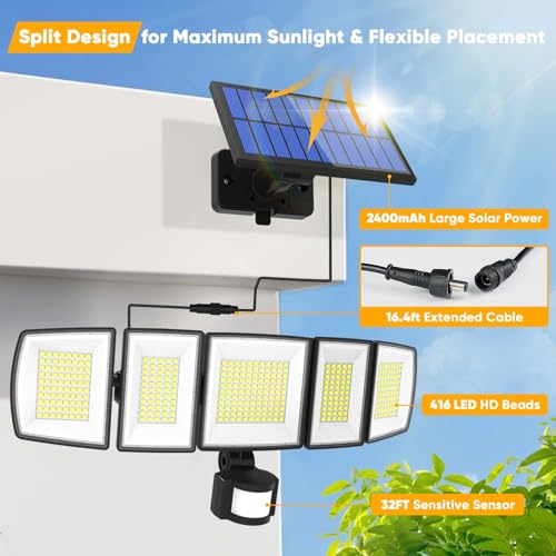 Image of MDCMDCM Solar Lights Outdoor Waterproof Motion Sensor - 416 LEDs 3000 Lumens Super Bright 3 Brightness 3 Modes 360 Illumination 32ft Solar Flood Security Light for Outside (1, 13.8x5x5.2inch)