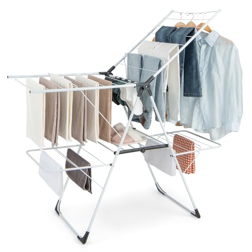 GIANTEX Étendoir à Linge Pliable à 2 Niveaux, Séchoir à Linge Pliable avec Ailes Réglables, Clips Utiles, Cadre Stable en Acier Inoxydable en Forme de...