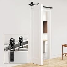 52" Bifold Barn Door Hardware Kit for 2 Doors, Black Track and Top Mounted Heavy Duty Roller Bi-Folding Sliding Barn Door Hardware Kit, Fit Door Width 2X24 J Shape, 52" for 2 Doors