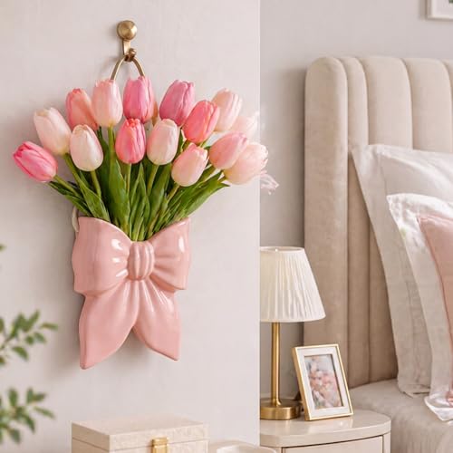 Ninehaoou Boho Hanging Wall Planter for Indoor Ceramic Wall Vase,Pink