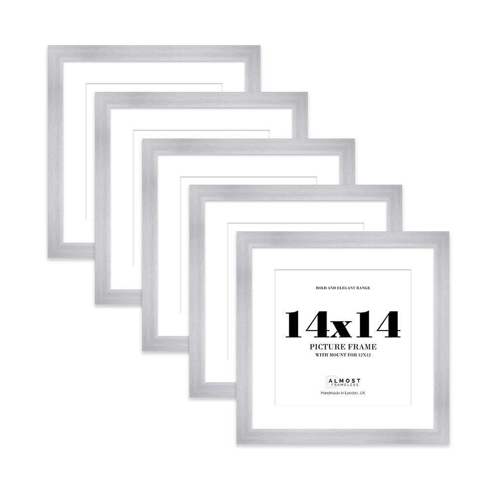 14x14" Silver Square Frame With Mount for 12x12" Pictures 28mm Edge Frame Display with Wall Hooks, 5 Pack