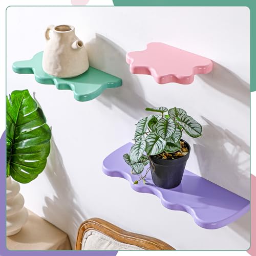 Geetery 3 Pcs Wavy Floating Shelves Cute Cloud Shelves Kawaii Pastel Room Decor Funky Wall Shelf Preppy Book Shelf for Wall Bedroom Bathroom Display - Thumbnail 2