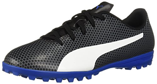 PUMA Unisex-Child Spirit Turf Trainer Soccer Shoe, Black White-Iron gate-Royal Blue, 11 M US Big Kid