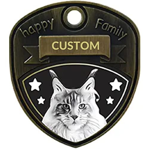 Retro Brass Personalized Maine Coon Cat ID Tag for Pets Free Engraved Pet Name Tags Custom Text on The Front and Back Suit for Collar