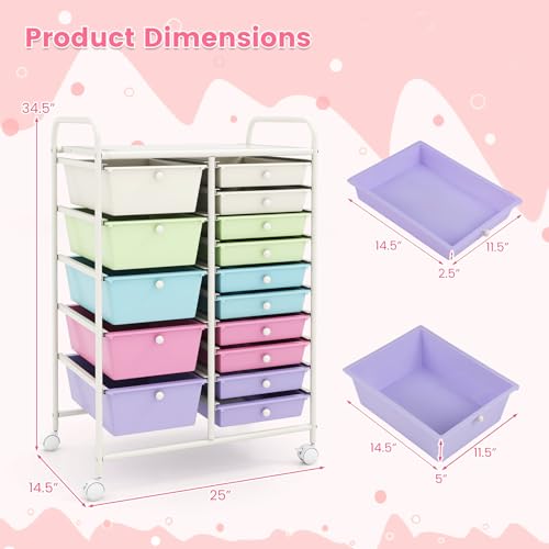 Image of LDAILY 15 Drawer Rolling Storage Cart, Rolling Cart with Drawers for Classroom, Art Supply Craft Organizer on Wheel with Metal Frame & Handles for Home Office School (Ice cream color, 15 Drawer)