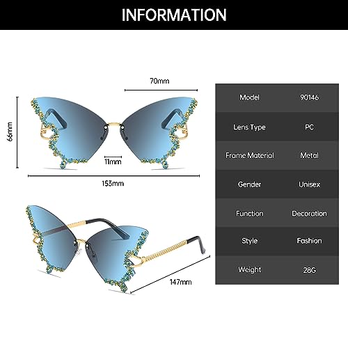 YAMEIZE Diamond Butterfly Rimless Sunglasses - Trendy Crystal Rhinestone Butterfly Eyewear UV Protection for Women Men Party3