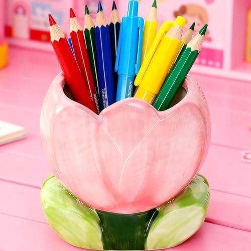Busnos Rosa Soporte Cepillo De Dientes Eléctrico Bonito Tulipanes Portalapices Cosméticos Barril Escritorio Titular De La Pluma Accesorios Escritorio Organizador Lapices Material Oficina y Papeleria