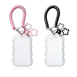 Qoncosy 2 Pack Cute Photocard Holder Keychain Kpop Photo Card Holder, Transparent PC Holder with Star Wave Design for Bus Student Card, Creative Photo Protector Keychain (Pink and Black)