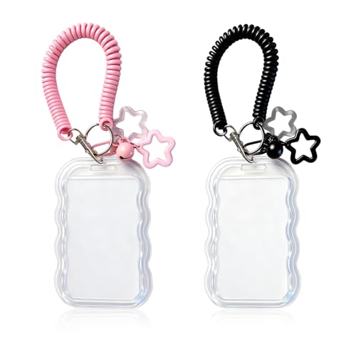 Qoncosy 2 Pack Cute Photocard Holder Keychain Kpop Photo Card Holder, Transparent PC Holder with Star Wave Design for Bus Student Card, Creative Photo Protector Keychain (Pink and Black)