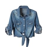 Women's 3/4 Sleeve Denim Tops Crop Tie Front Knot Jean Shirts Button Down Chambray Cardigans 2024 Trendy Outfits