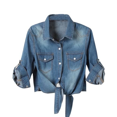 Women's 3/4 Sleeve Denim Crop Top Roll Up Tie Front Knot Shirt Chambray Cardigan Button Jean Jacket