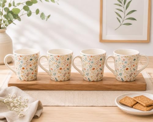 Image of miah decor Ceramic Tea Cups Set of 4-320ml, Decal Handmade Stoneware
