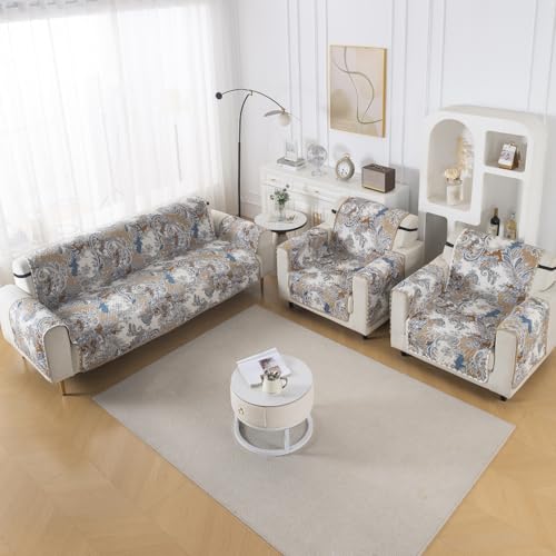Image of HOKIPO Reversible Quilted Sofa Cover 5 Seater Set, Washable 3+1+1 Sofa Cover, Easy Drape Series, Urban Floral (IN-1101 + IN-1099 * 2-ED4)