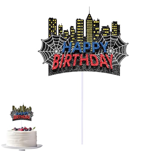 SAVITA Adorno Tarta Araña, Adorno para Tarta de Feliz Cumpleaños con Temática Araña con Palitos Blancos y Cinta Transparentes Ideal para Fiestas Cumpleaños Niños y Niñas