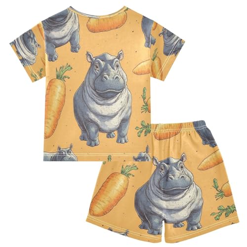 Pajama Sets Short Sleeve Hippo and Carrot Pattern Soft Cotton Summer Sleepwear 2 Piece PJS Size 5-14T2