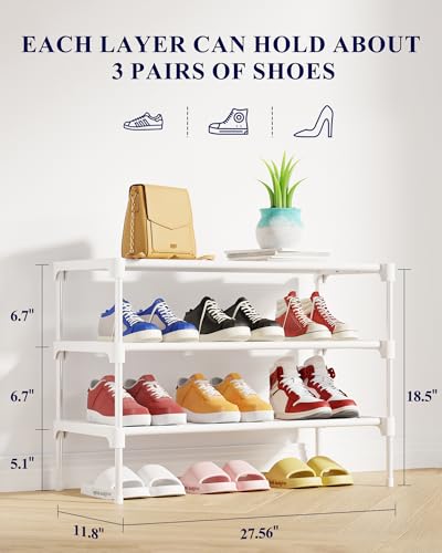 Kitsure Shoe Rack - Non-Woven Shoe Rack Shelf, Shoe Organizer for Closet, Entryway, Garage & Corridor, Stackable Shoe Shelves, 27.5" Wide - 3 Tier, White