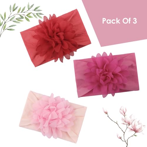 Image of SYGA PACK OF 3Headbands Nylon Flower Soft Stretchable Hairband for Newborn Infant Toddler Kids For 0-3 Year (Red-CreamPink-DarkPink)