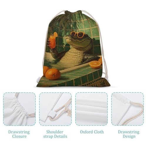 Alligator with Sunglasses in The Bathtub Drawstring Backpack Canvas String Bag Lightweight Sports Gym Bag for Men Women4