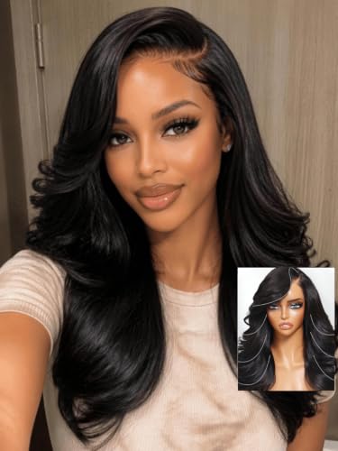 Image of Beauty Forever Bye Bye Slip Feathered Layer Wig Human Hair 200% Density 7x5 HD Lace Glueless Wig Left Side Part Pre Plucked Pre Cut Wear and Go Wig with Silicone Strip & Drawstring for Women 22inch