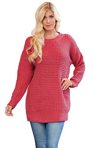 RIAH FASHION Long Sleeve Round Neck Heavy Sweater (Large, Waffle Sweater - Rose)
