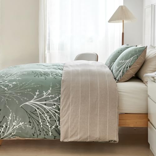 Image of Lekesky Green Duvet Cover King Size, Reversible Floral King Comforter Cover with Branch Pattern, Soft 100% Washed Microfiber 3 Pieces Green Bedding Set with Zipper and 2 Pillowcases 20 inchx36 inch