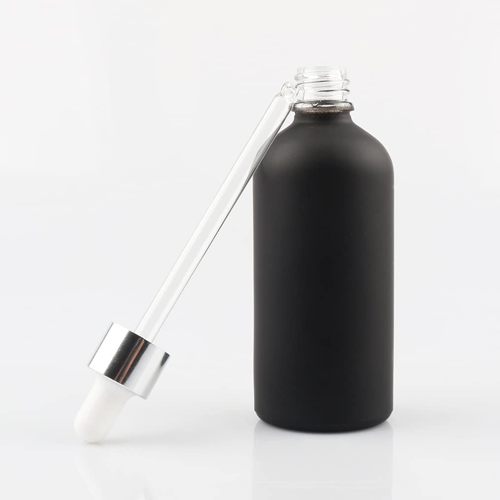 Sprühflasche aus Kunststoff, 12er-Pack, 100 ml, leer, mattiertes schwarzes Glas, Tropfer mit silbernem Schraubverschluss für ätherische Öle, Aromatherapie-Mischungen, Ko