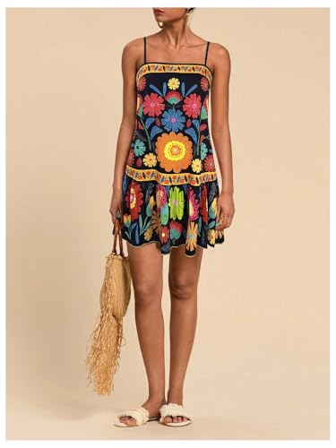Image of RoseSeek Women's Floral Boho Flowy Mini Cami Dress Ruffle Hem Spaghetti Strap Vacation Tank Dresses