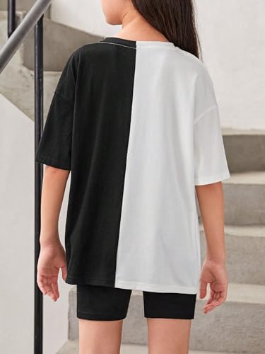 OYOANGLE Girl's Graphic Print Colorblock Half Sleeve Round Neck Shirt Tops Summer Casual Loose Tee Shirts2