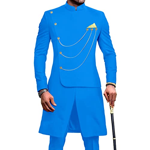 African Suits for Men Single Breasted Dashiki Chain Jackets and Pants 2 Piece Set Formal Outfits Wedding